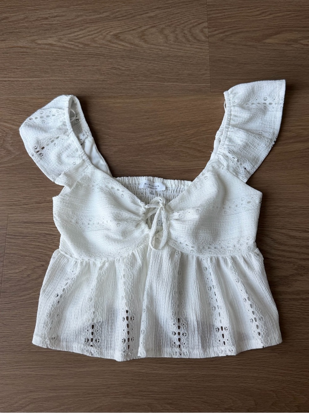 White Eyelet Tie-Front Peplum Crop Top